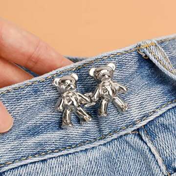 TOOVREN Cute Bear Button Pins for Jeans, No Sew and No Tools Instant Pant Waist Tightener, Adjustable Jean Buttons Pins for Loose Jeans 4 Sets Replacement Pant Clips for Waist Buckle