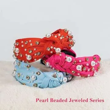 Mixcbe Pearl Knotted Jeweled Headband for Women Pearl Rhinestone Crystal Embellished Hairband Fashion Elegant Ladies Wide Top Knot Bride Headband Bachelorette Party Hair Accessories Gifts