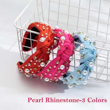 Mixcbe Pearl Knotted Jeweled Headband for Women Pearl Rhinestone Crystal Embellished Hairband Fashion Elegant Ladies Wide Top Knot Bride Headband Bachelorette Party Hair Accessories Gifts