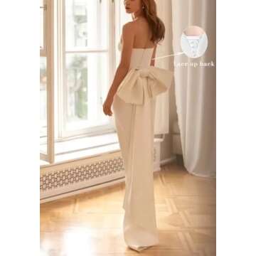 Satin Formal Wedding Guest Dresses Strapless Prom Midi Dress 2025 Mermaid Evening Party Gown for Wedding Cocktail Party Gowns for Women Bow Long Dresses with Slit Blue-2