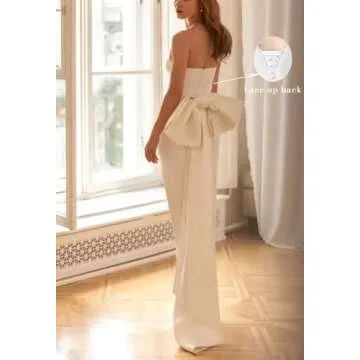 Satin Formal Wedding Guest Dresses Strapless Prom Midi Dress 2025 Mermaid Evening Party Gown for Wedding Cocktail Party Gowns for Women Bow Long Dresses with Slit Blue-2