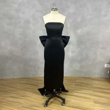 Satin Formal Wedding Guest Dresses Strapless Prom Midi Dress 2025 Mermaid Evening Party Gown for Wedding Cocktail Party Gowns for Women Bow Long Dresses with Slit Blue-2