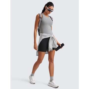 CRZ YOGA Seamless Womens Breathable Workout Tank Tops Racerback High Neck Sleeveless Running Athletic Shirts Slate Grey Marl Small