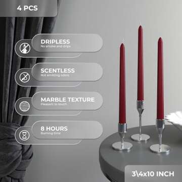 CANDWAX Burgundy Dripless 10 inch Taper Candles Set of 4