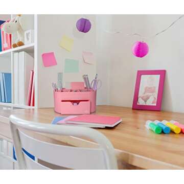 Pink Desk Organizer for Office Supplies and Desk Accessories - Pen Holder Desktop Organization for Room College Dorm Home School (Pink)