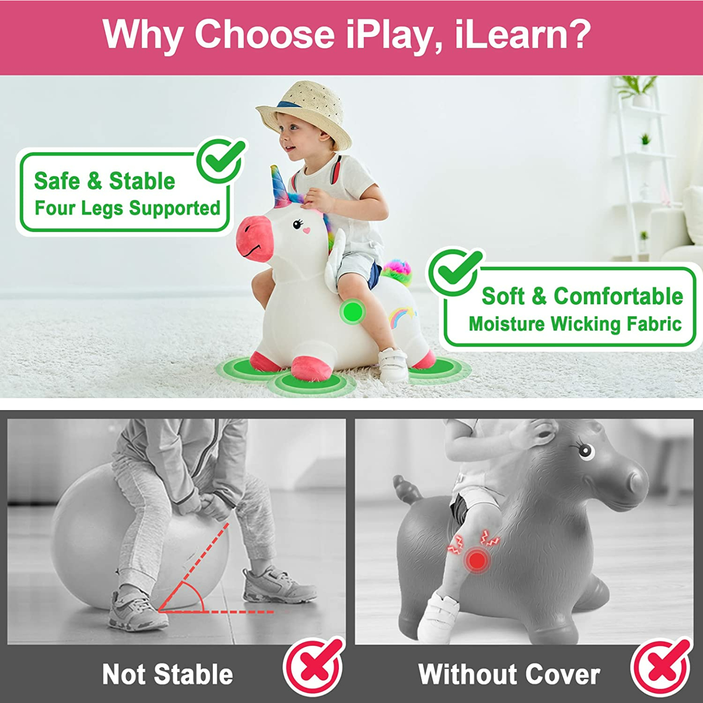 Unicorn Bouncy Horse for Toddlers - iPlay, iLearn