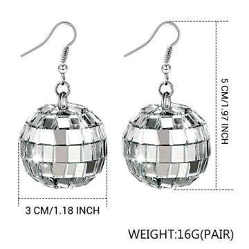 Hicarer 5 Pairs Disco Ball Earrings 30 mm 60's 70's Dance Party Silver Costume Accessories for Women Christmas Disco Outfits