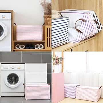 Hinwo 70L Extra Large Storage Bins, Closet Organizers and Storage, Foldable Clothes Storage Baskets with Handles, Containers for Clothing, Blanket, Comforters, Toys, Bedding (Pink Stripe)