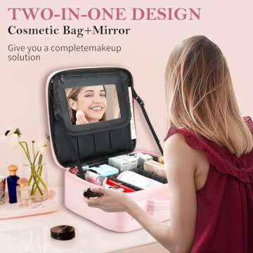 DROWIN Pink Makeup Bag with Mirror, Makeup Bags for Women, Travel Makeup Train Case, Makeup Organize...