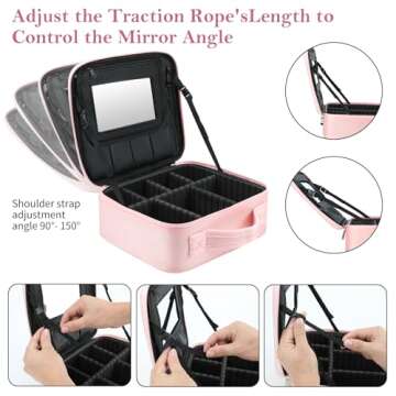 DROWIN Pink Makeup Bag with Mirror, Makeup Bags for Women, Travel Makeup Train Case, Makeup Organizer Bag, Adjustable Dividers & Support Straps, Portable Storage Bag for Makeup Brushes Toiletry
