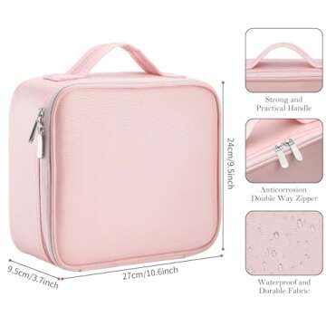 DROWIN Pink Makeup Bag with Mirror, Makeup Bags for Women, Travel Makeup Train Case, Makeup Organizer Bag, Adjustable Dividers & Support Straps, Portable Storage Bag for Makeup Brushes Toiletry