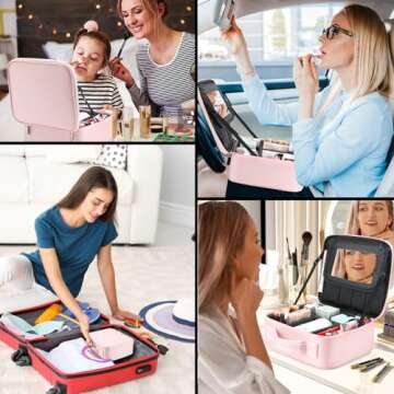 DROWIN Pink Makeup Bag with Mirror, Makeup Bags for Women, Travel Makeup Train Case, Makeup Organizer Bag, Adjustable Dividers & Support Straps, Portable Storage Bag for Makeup Brushes Toiletry