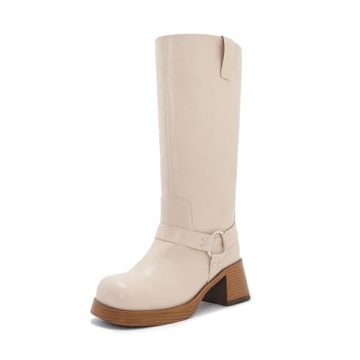 ATBELL Womens Knee High Biker Boots Square Toe Block Heel Studded Straps Ridding Boot Fashion Motorc...