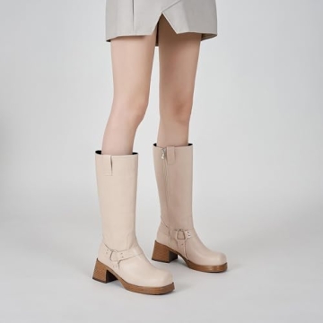 ATBELL Stylish Women Knee High Biker Boots with Block Heel