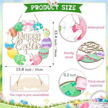 Easter Eggs Wreaths Wood Sign for Front Door, Colorful Eggs Happy Easter Welcome Sign Decorations fo...