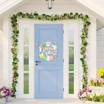 Easter Eggs Wreaths Wood Sign for Front Door, Colorful Eggs Happy Easter Welcome Sign Decorations for Home, Easter Bunny Spring Wooden Hanging Decor for Yard Porch Wall Farmhouse Decor Large Size