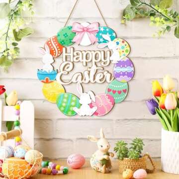 Easter Eggs Wreaths Wood Sign for Front Door, Colorful Eggs Happy Easter Welcome Sign Decorations for Home, Easter Bunny Spring Wooden Hanging Decor for Yard Porch Wall Farmhouse Decor Large Size