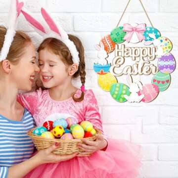 Easter Eggs Wreaths Wood Sign for Front Door, Colorful Eggs Happy Easter Welcome Sign Decorations for Home, Easter Bunny Spring Wooden Hanging Decor for Yard Porch Wall Farmhouse Decor Large Size