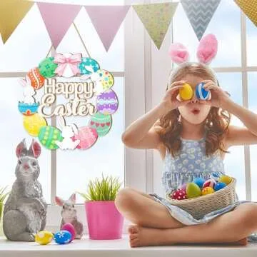 Easter Eggs Wreaths Wood Sign for Front Door, Colorful Eggs Happy Easter Welcome Sign Decorations for Home, Easter Bunny Spring Wooden Hanging Decor for Yard Porch Wall Farmhouse Decor Large Size