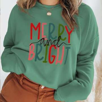 IZYJOY Christmas Sweatshirt for Women Merry and Bright Graphic Oversized Pullover Crewneck Long Slee...