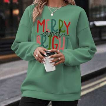 IZYJOY Merry and Bright Christmas Sweatshirt for Women