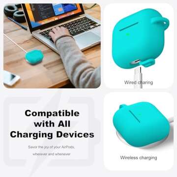 R-fun Compatible with AirPods 3 Case Cover, Silicone Protective Accessories Skin with Keychain Compatible with Apple AirPod 3rd Generation 2021 for Women Men Girls Boys,Front LED Visible,Teal