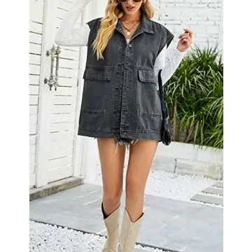Zontroldy Denim Jean Vest for Women Oversized Sleeveless Button Down Denim Jean Vest Waistcoat Shacket Jacket (0170-BlackGray-L)