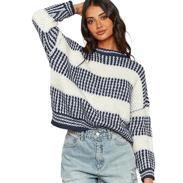 ZAFUL Women's 2024 Fall Winter Color Block Striped Sweater Crew Neck Sweaters Casual Loose Knit Swea...