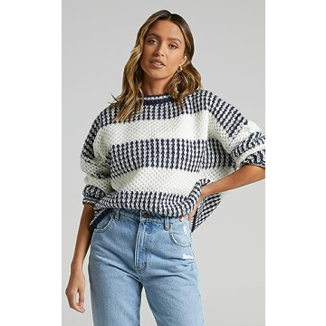 ZAFUL Women's 2024 Fall Winter Color Block Striped Sweater Crew Neck Sweaters Casual Loose Knit Sweater