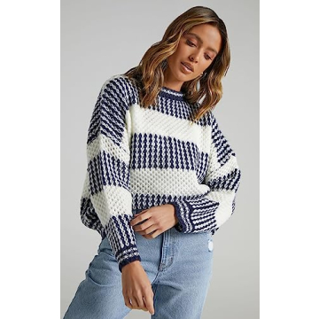 ZAFUL Women's 2024 Fall Winter Color Block Striped Sweater Crew Neck Sweaters Casual Loose Knit Sweater