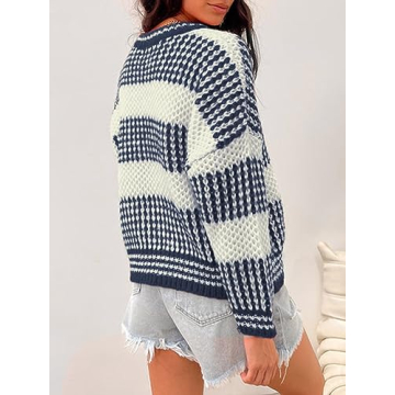 ZAFUL Women's 2024 Fall Winter Color Block Striped Sweater Crew Neck Sweaters Casual Loose Knit Sweater