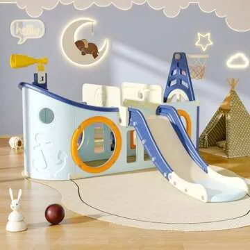 YUYUE 9 in 1 Toddler Slide, Kid Slide for Toddlers Age 3-6,Pirate Ship Toddler Slide with Basketball Hoop,Indoor and Outdoor Baby Climber Playset Playground Freestanding Slide