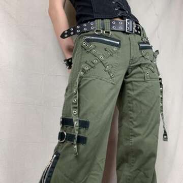 Ynocfri Women Harajuku Goth Pants Wide Leg Low Rise Baggy Pants Grunge Gothic Cargo Pants with Chain Streetwear(L-Army Green, M)