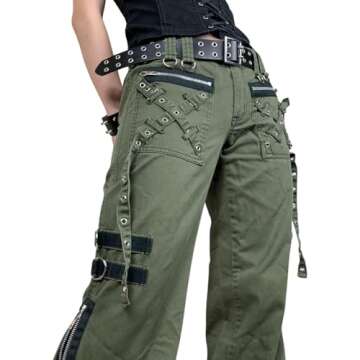 Ynocfri Women Harajuku Goth Pants Wide Leg Low Rise Baggy Pants Grunge Gothic Cargo Pants with Chain Streetwear(L-Army Green, M)