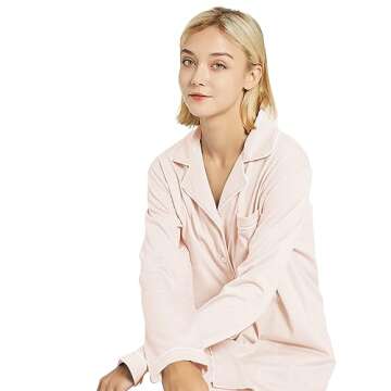 Honypove 100% Cotton Pajama Set for Women Long Sleeve Womens Sleepwear Button Down NightWear Soft Pj Lounge Sets (Pink,M)