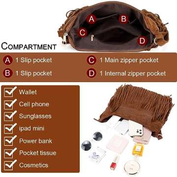 Sunwel Fashion Women Fringe Hobo Bag Western Purse Shoulder Bag Vegan Suede Tassel Hippie Crossbody Bag (Brown Strap)
