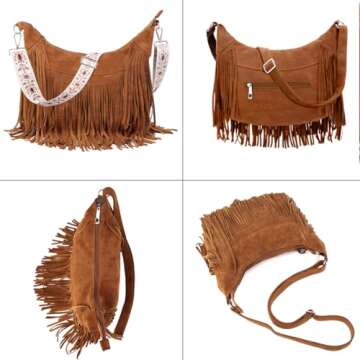Sunwel Fashion Women Fringe Hobo Bag Western Purse Shoulder Bag Vegan Suede Tassel Hippie Crossbody Bag (Brown Strap)