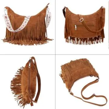 Sunwel Fashion Women Fringe Hobo Bag Western Purse Shoulder Bag Vegan Suede Tassel Hippie Crossbody Bag (Brown Strap)