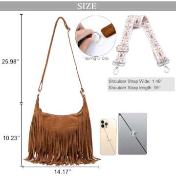 Sunwel Fashion Women Fringe Hobo Bag Western Purse Shoulder Bag Vegan Suede Tassel Hippie Crossbody Bag (Brown Strap)