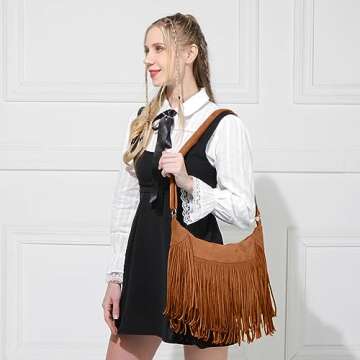 Sunwel Fashion Women Fringe Hobo Bag Western Purse Shoulder Bag Vegan Suede Tassel Hippie Crossbody Bag (Brown Strap)