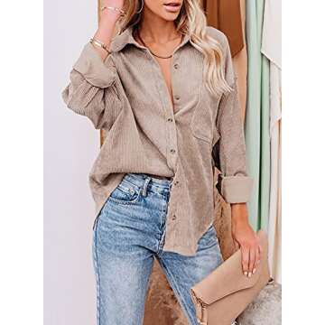 Astylish Womens Soft Cuffed Sleeve Corduroy Collar Shirts Long Plus Size Button Down Blouse Tops Light Brown L