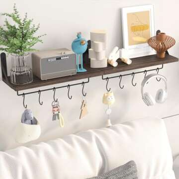 Fixwal Mug Holder Wall Mounted Coffee Mug Rack Set of 2, Floating Coffee Bar Shelf for Coffee Bar Accessories with 10 Adjustable Hooks, for Organizing Cooking Utensils, Home Kitchen Decor(Dark Brown)