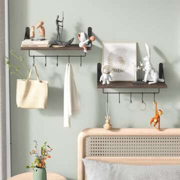 Fixwal Mug Holder Wall Mounted Coffee Mug Rack Set of 2, Floating Coffee Bar Shelf for Coffee Bar Accessories with 10 Adjustable Hooks, for Organizing Cooking Utensils, Home Kitchen Decor(Dark Brown)