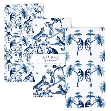 All Day Soirée Chinoiserie Designer Kitchen Tea Towels 3 Pack 100% Absorbent Cotton Tiger Monkey Fl...