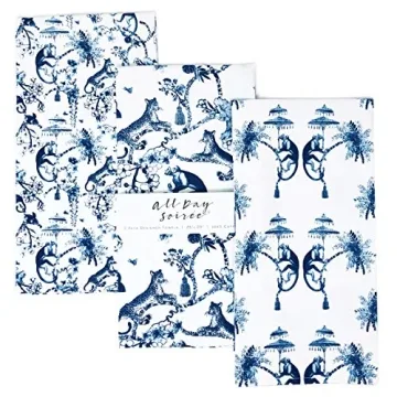 All Day Soirée Chinoiserie Designer Kitchen Tea Towels 3 Pack 100% Absorbent Cotton Tiger Monkey Fl...