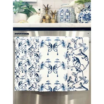 All Day Soirée Chinoiserie Designer Kitchen Tea Towels 3 Pack 100% Absorbent Cotton Tiger Monkey Floral Hand Towel Large Dish Cloth Set Blue White