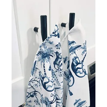 All Day Soirée Chinoiserie Designer Kitchen Tea Towels 3 Pack 100% Absorbent Cotton Tiger Monkey Floral Hand Towel Large Dish Cloth Set Blue White