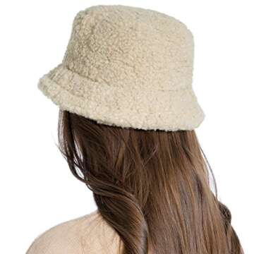 Womens Winter Bucket Hat Vintage Cloche Hats Warm Faux Fur Wool Outdoor Packable Fisherman Cap Beige