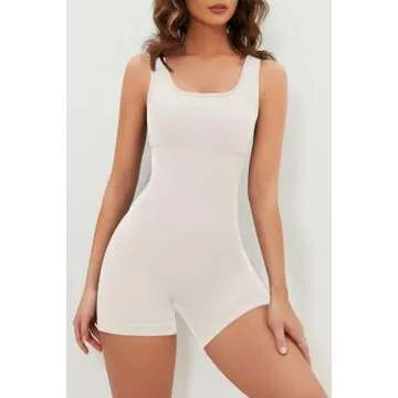 QINSEN Seamless Romper for Women Ribbed Workout Square Neck Padded Bra One Piece Short Jumpsuit Beige L