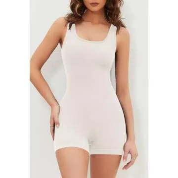 QINSEN Seamless Romper for Women Ribbed Workout Square Neck Padded Bra One Piece Short Jumpsuit Beige L